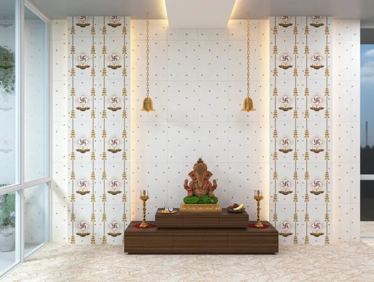 Pooja room design with sacred motif tiles
